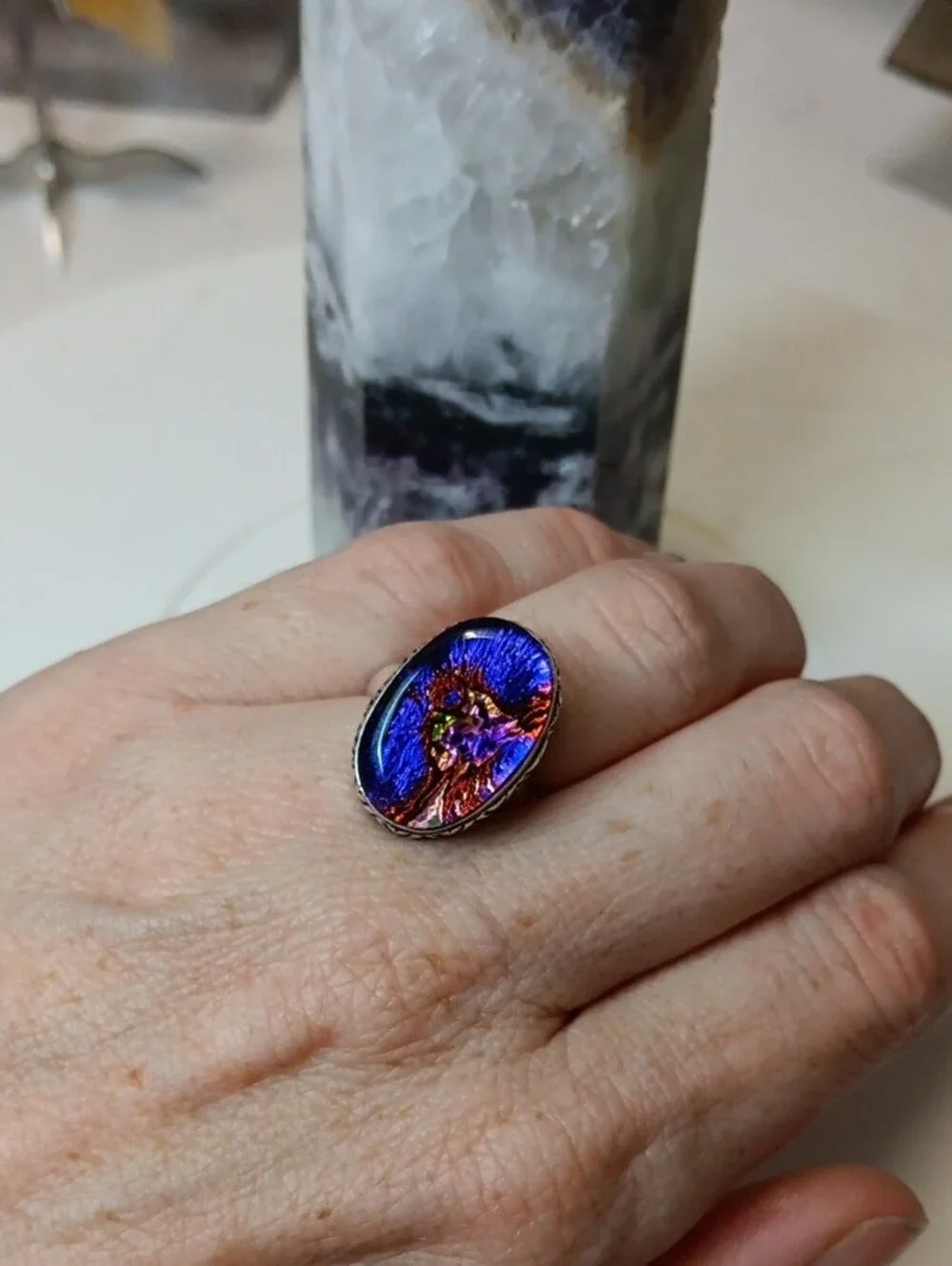 Dichroic Glass Oval Statement Ring in Vivid Purple & Orange